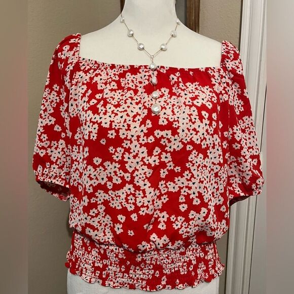 Nine Britton Red White Blue Floral Cropped Top SQ Neckline Smocked Hem M NWOT - Picture 1 of 6
